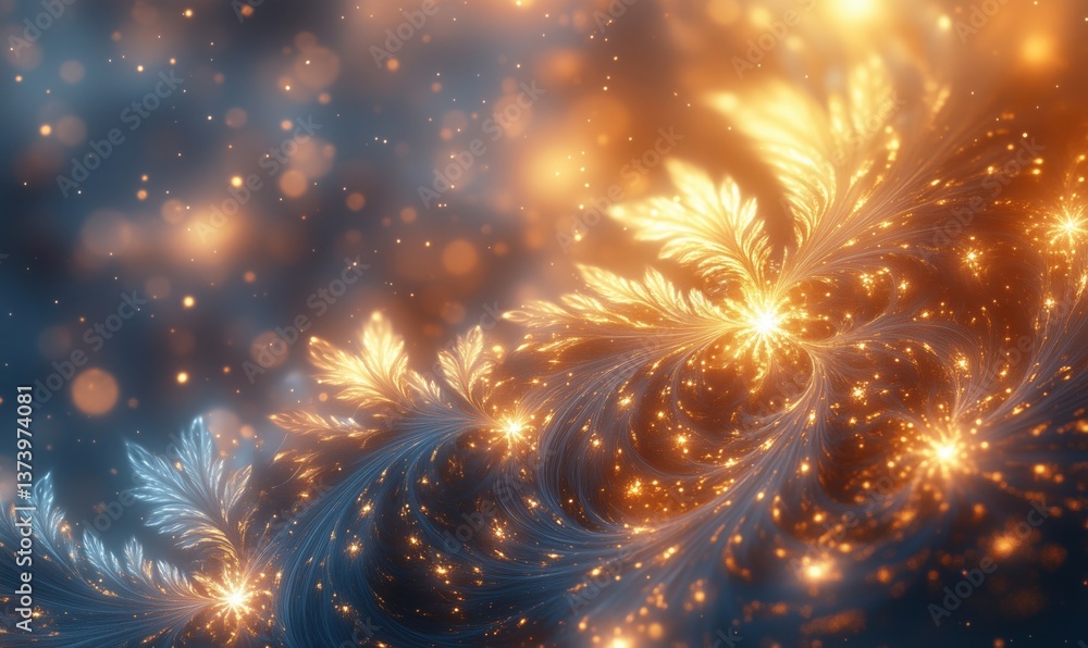 Poster fractal patterns with glowing golden and blue elements creating a mesmerizing abstract design