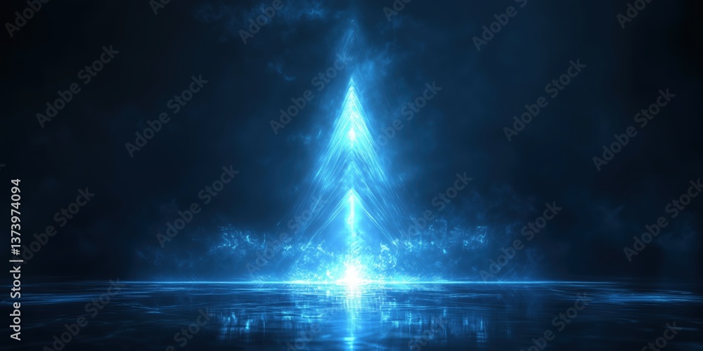 Aufkleber glowing blue triangular shape emerging from reflective surface in dark atmosphere