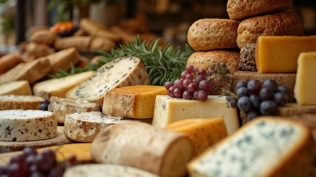 Mesa r&uacute;stica con variedad de quesos artesanales, uvas y pan casero