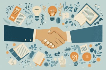 Handshake illustration symbolizing business agreement and partnership with surrounding elements representing innovation, teamwork, and ideas against a blue background