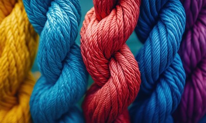 Colorful twisted ropes in vibrant hues of blue, red, yellow, and purple