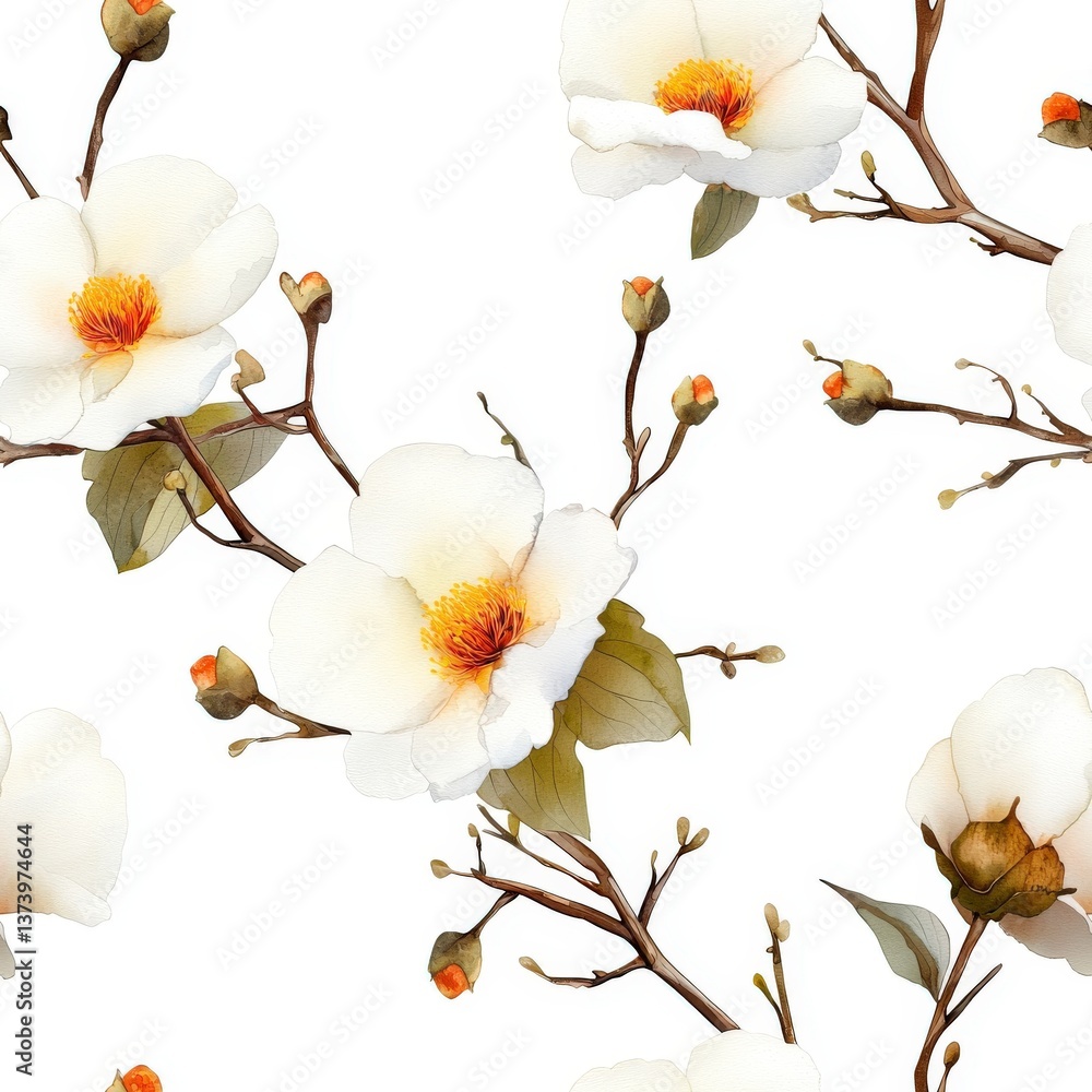 Poster elegant bloom pattern: an eye-level shot showcasing an array of white flower blossoms, exuding seren