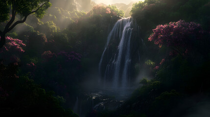 Obraz premium A breathtaking waterfall surrounded by exotic summer blossoms.