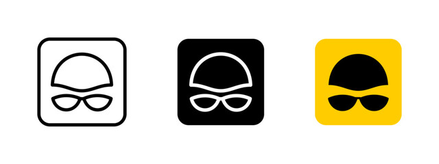 Swimming cap and goggles icon. Swimmers equipment vector illustration. Water sports safety symbol indicating proper gear for training and competition. Aquatic protection sign for pools and swimming.