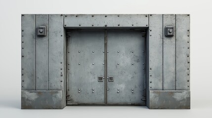 Heavy industrial metal door with riveted panels and square detailing in a gray steel finish for secure entry access