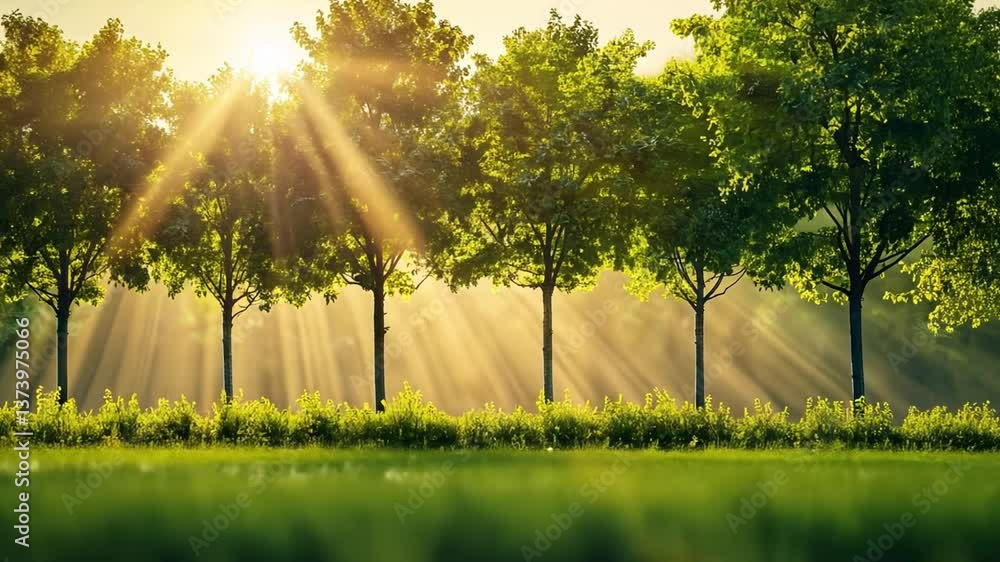 Poster sunlight filtering through trees in a lush green forest creating a peaceful and serene nature scene 