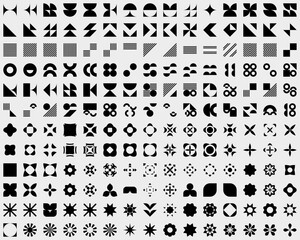 Brutalist abstract geometric shapes. Bauhaus Minimalist Graphic Design Elements. Neo geometric pattern elements. Y2K Geometric design element shapes. Figures, stars, flower and circles.