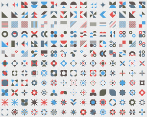 Brutalist abstract geometric shapes. Bauhaus Minimalist Graphic Design Elements. Neo geometric pattern elements. Y2K Geometric design element shapes. Figures, stars, flower and circles.
