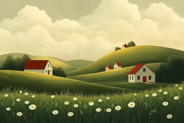 Idyllic countryside landscape with charming houses, lush green hills, daisies in foreground, and fluffy clouds in a tranquil sky