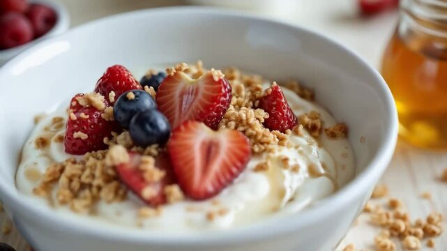 Taz&oacute;n de yogur con frutas frescas, granola y miel sobre mesa de madera

