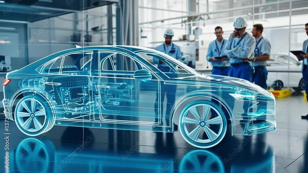 Poster high-tech engineering laboratory displaying a holographic transparent car model showcasing advanced 