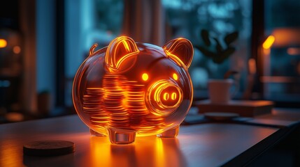Illuminated piggy bank filled with coins glowing in vibrant orange light, symbolizing savings and financial growth on a table in evening setting