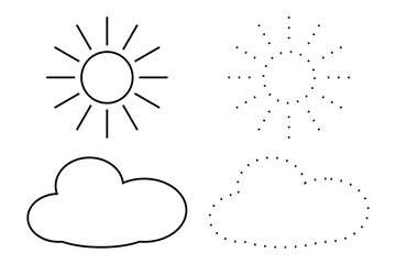 Simple sun and cloud tracing worksheet with solid and dotted outlines, designed for preschoolers to develop fine motor skills and handwriting practice. Vector illustration
