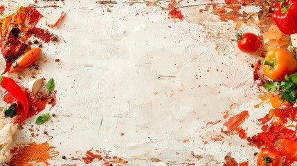 Wholesome watercolor illustration featuring fresh whole foods such as tomatoes, bell peppers, and herbs artfully arranged on a rustic wooden surface, center left blank for text.