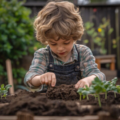 young boy testing different types of soil to see which one helps plants grow best