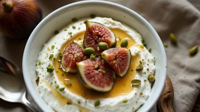 Yogur con higos frescos, miel y pistachos servido en cuenco sobre tabla r&uacute;stica