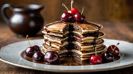 Stack of testy pancakes with chocolate syrup and cherries on plate