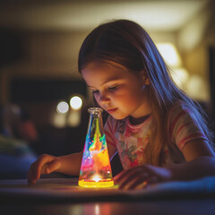 little girl making a DIY lava lamp using oil, water, and food coloring.