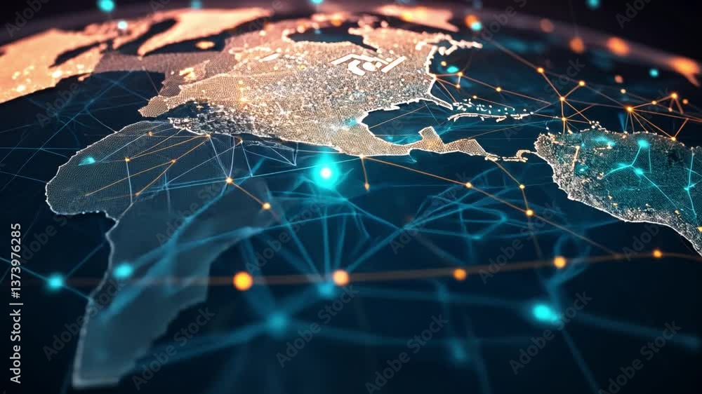 Aufkleber abstract digital network connection over america and south america using bright lights and geometric