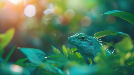 Fototapeta premium Green Lizard in Lush Foliage, Close up of a vibrant green lizard camouflaged in tropical leaves.