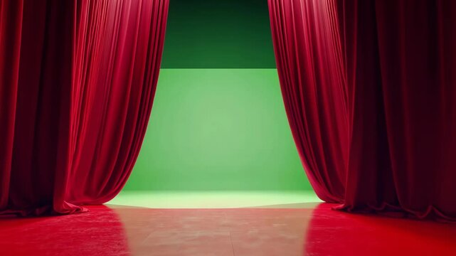 Red curtains frame a vibrant green backdrop in a theatrical setting for a performance or production