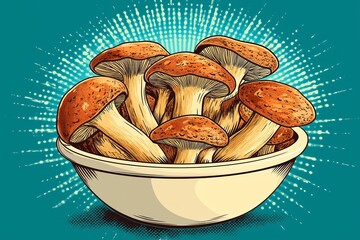 Illustration of a bowl filled with a variety of mushrooms against a vibrant, retro-style background with radial patterns