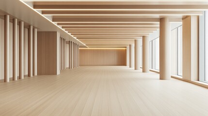 Obraz premium A contemporary dance school with an elegant design, neatly arranged barres, and a disciplined ambiance.