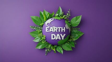 "EARTH DAY" text next to a globe with green leaves growing from it, symbolizing environmental care. The background is solid purple