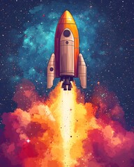 Vibrant rocket soaring through a cosmic landscape