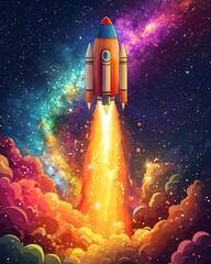 Fototapeta premium Rocket Blasting Off into the Vibrant Cosmic Landscape