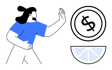 Female figure turning away from coin with dollar sign and sliced lemon. Ideal for finance, decision-making, savings, minimalism, priorities, self-control, personal values. Flat simple metaphor