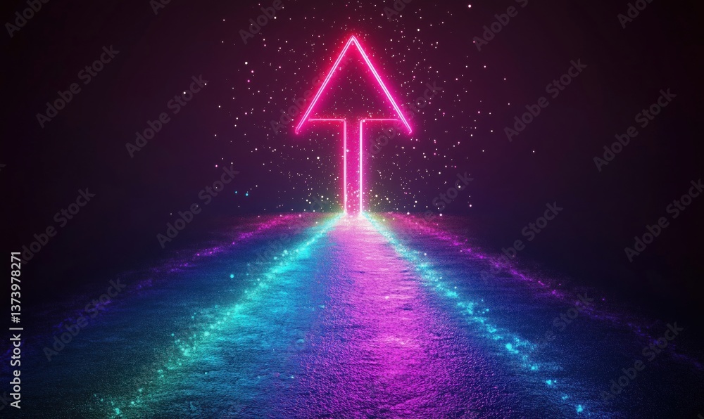 Poster neon arrow pointing upwards with colorful light trails and sparkling effects