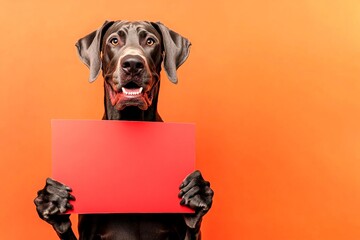 Isolated dog on a solid dress code bright orange background. Ð¡ute dog great dane hold in front paws a concept - large red way sign. Pet with billboard. Ad-ready studio animal. Cute pet on s.