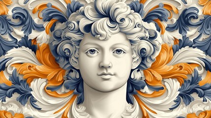 Intricately detailed baroque-style relief sculpture artwork of a cherubic child's face surrounded by flowing vibrant floral patterns