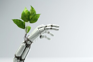3d robot hand holding a green leaf technology plant futuristic.