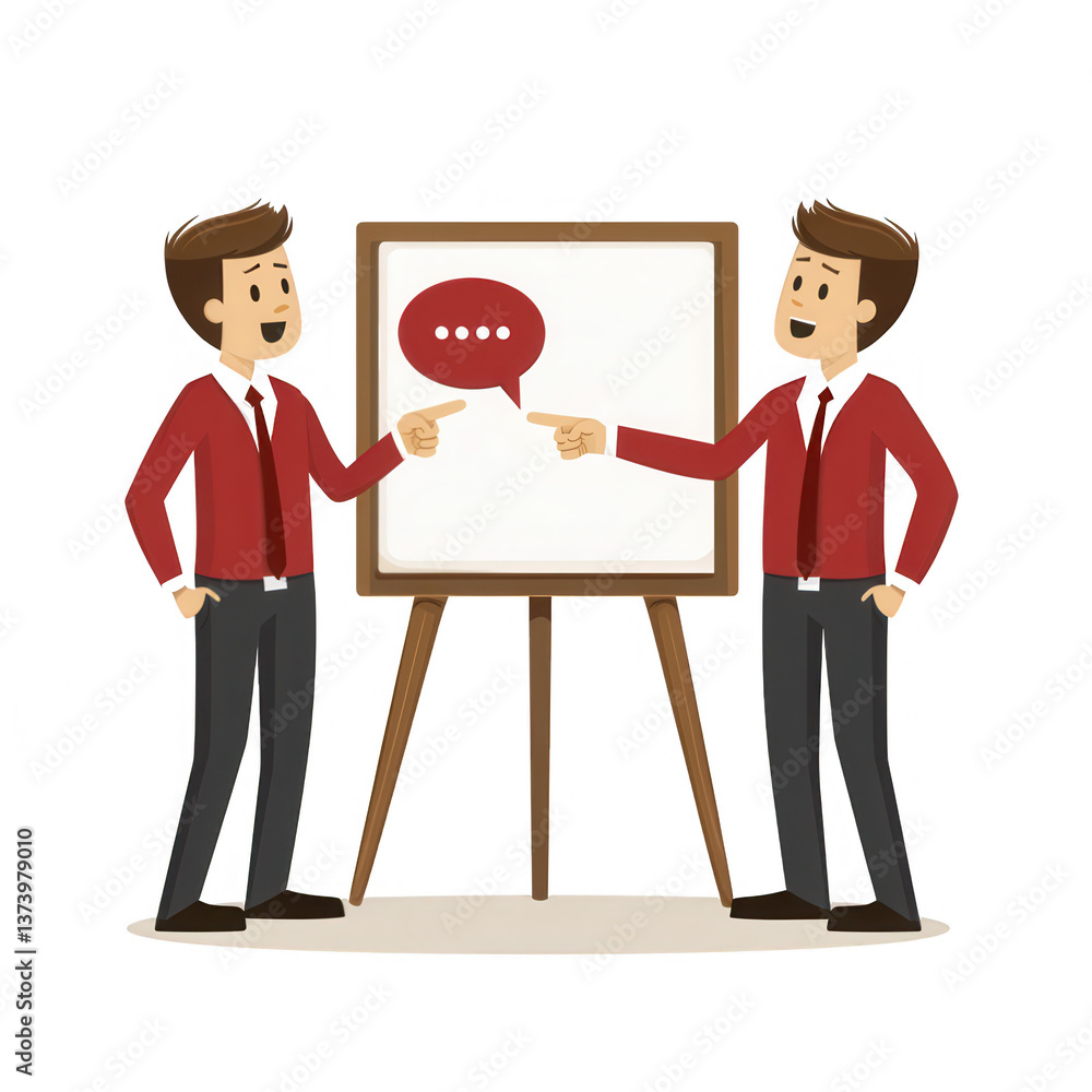 Poster two cartoon business men discussing ideas in front of a presentation board with speech bubbles. enga
