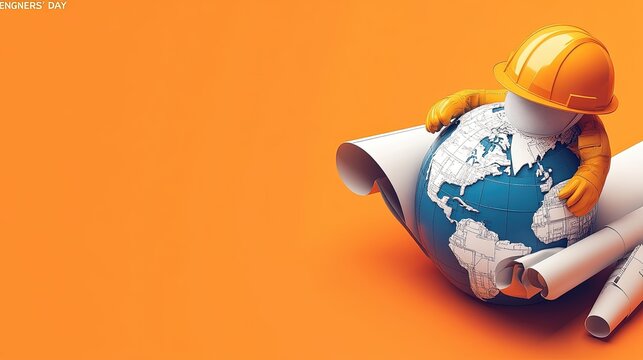 "ENGINEERS' DAY" text next to a globe wearing a hard hat and holding blueprints, symbolizing engineering contributions. The background is solid orange. 