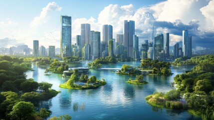 Fototapeta premium Eco-city skyline, green islands, futuristic architecture, sunny day, sustainable development