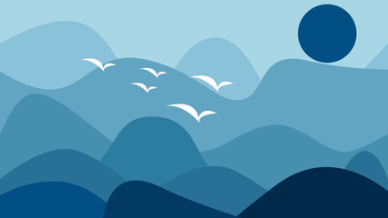 A flat design image depicting strong waves at sea with seagulls flying, creating the atmosphere of a stormy coastline.
