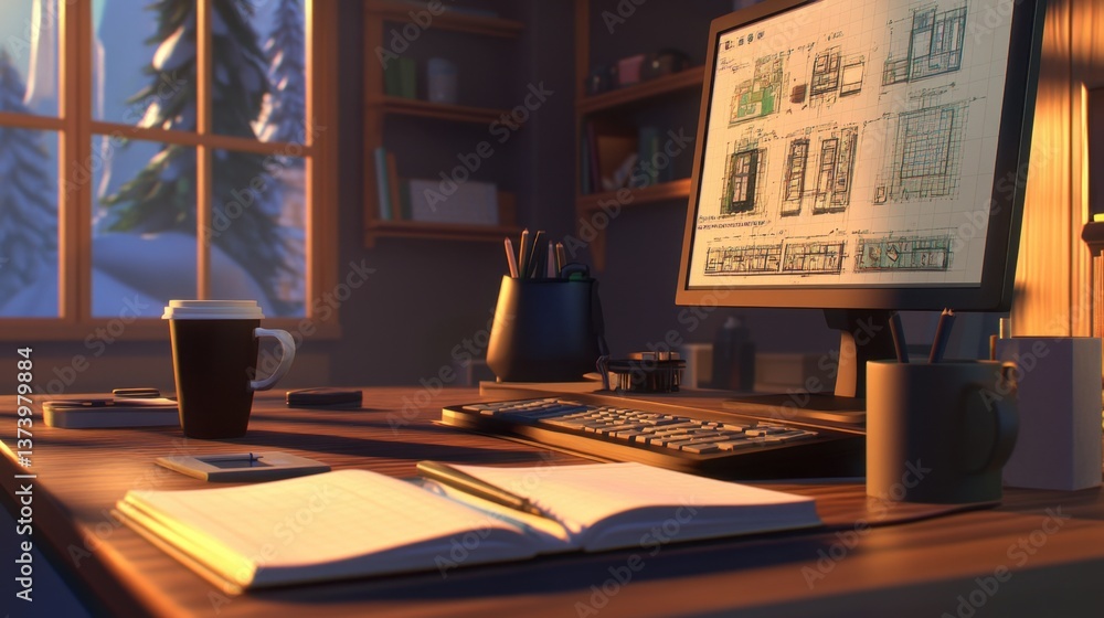 Poster a cozy indie game studio workspace with a coffee cup, notebook filled with level design sketches, an