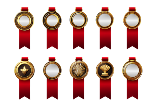 A set of realistic red and gold ribbon medals with white space in the center for text on transparent background - Powered by Adobe