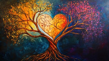 Obraz premium Heart-shaped tree, four seasons, canvas painting, dark background, wall art