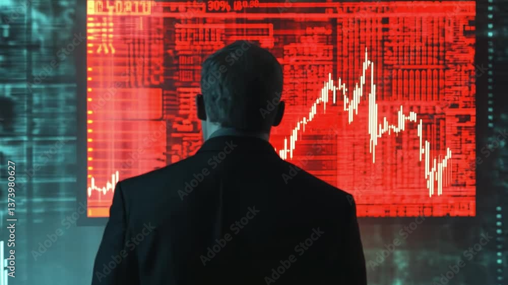 Poster person analyzing data visualization on digital screen with financial charts and statistics in a high