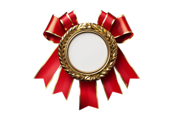 A set of realistic red and gold ribbon medals with white space in the center for text on transparent background