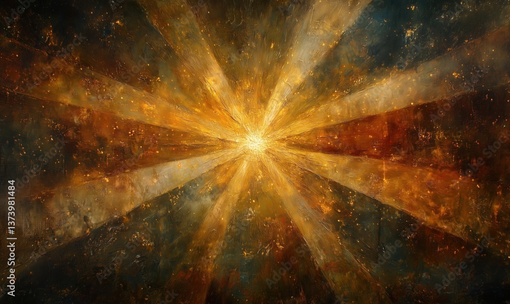 Poster radiant abstract painting with golden rays and vibrant colors creating a luminous effect