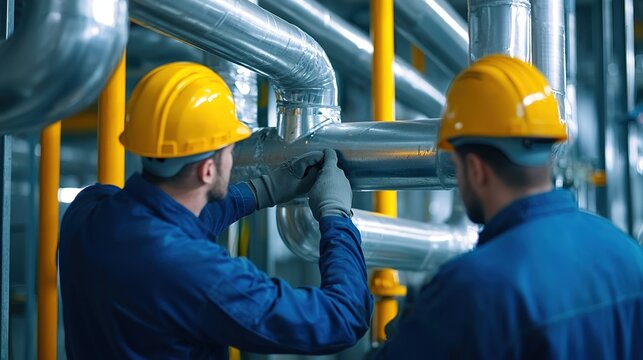 Plumbing professionals installing high-pressure systems in industrial setting expert work detailed view