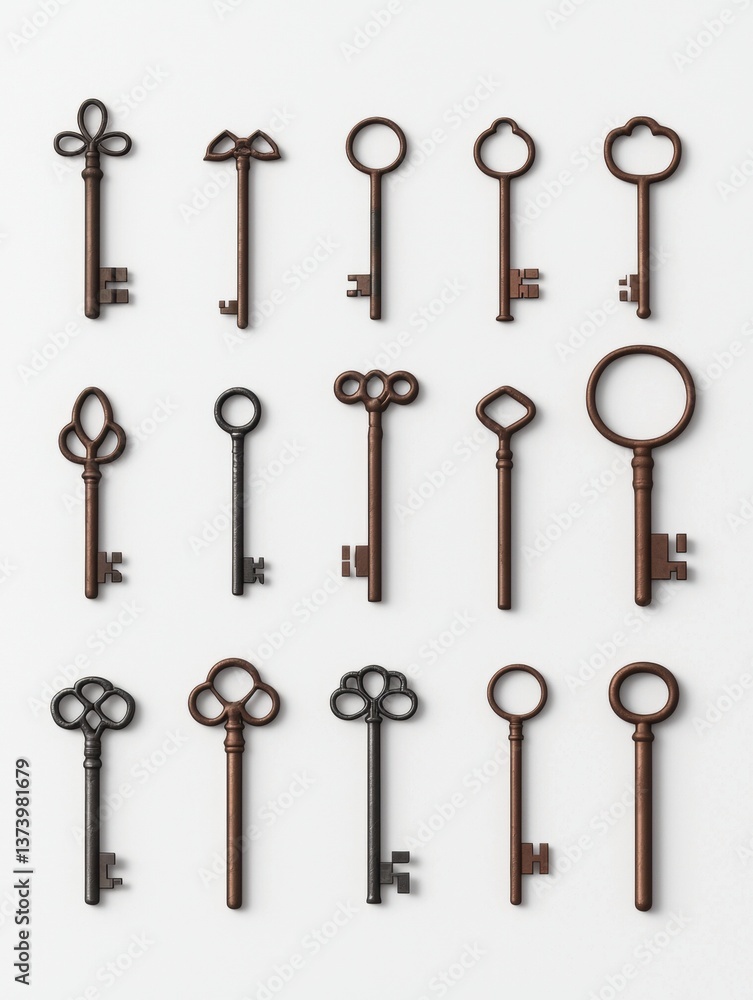 Aufkleber collection of 12 old keys arranged in a grid-like pattern on a white background. the keys are of dif