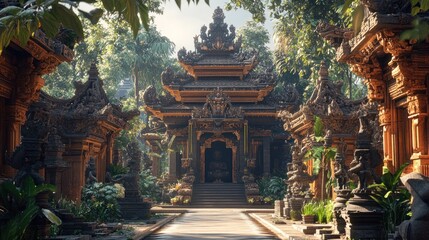 Jungle Temple Pathway, Sunrise, Asian Architecture, Spiritual Serenity