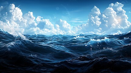 Fototapeta premium Ocean Waves with Blue Sky, and Cloudscape.