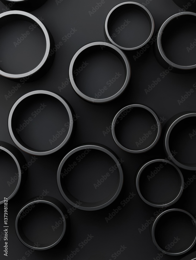 Fototapete black background with multiple circular shapes arranged in a grid-like pattern. the shapes are all t